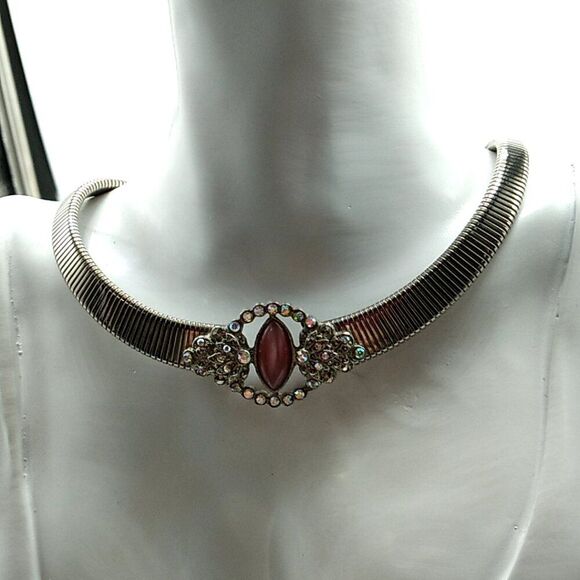 Silver-tone Flat Snake Chain with faux Gemstone & AB Rhinestones 16" Choker - Picture 4 of 13